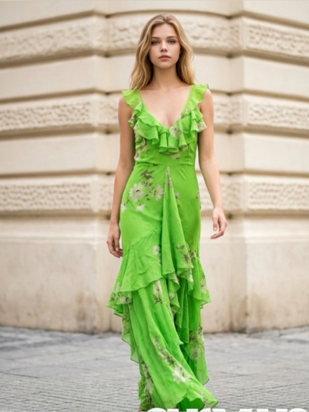 SALE ASOS Green Floral Ruffle V-Neck Maxi Dress